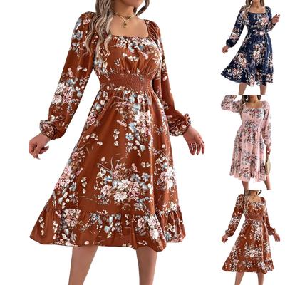 Women's Fashion Casual Long Sleeve Square Neck Floral Stitching Elegant Temperament Dress