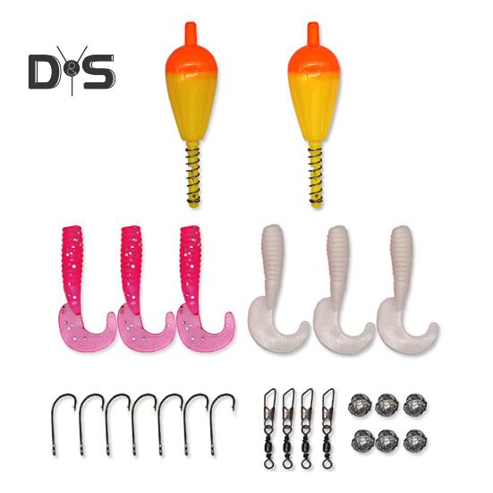 

25 шт./компл. набор для начинающих рыболовов с вертлюжком и поплавком с завитым хвостом, металлическим крючком с зазубринами, грузилом для пресноводной соленой рыбалки Sets
