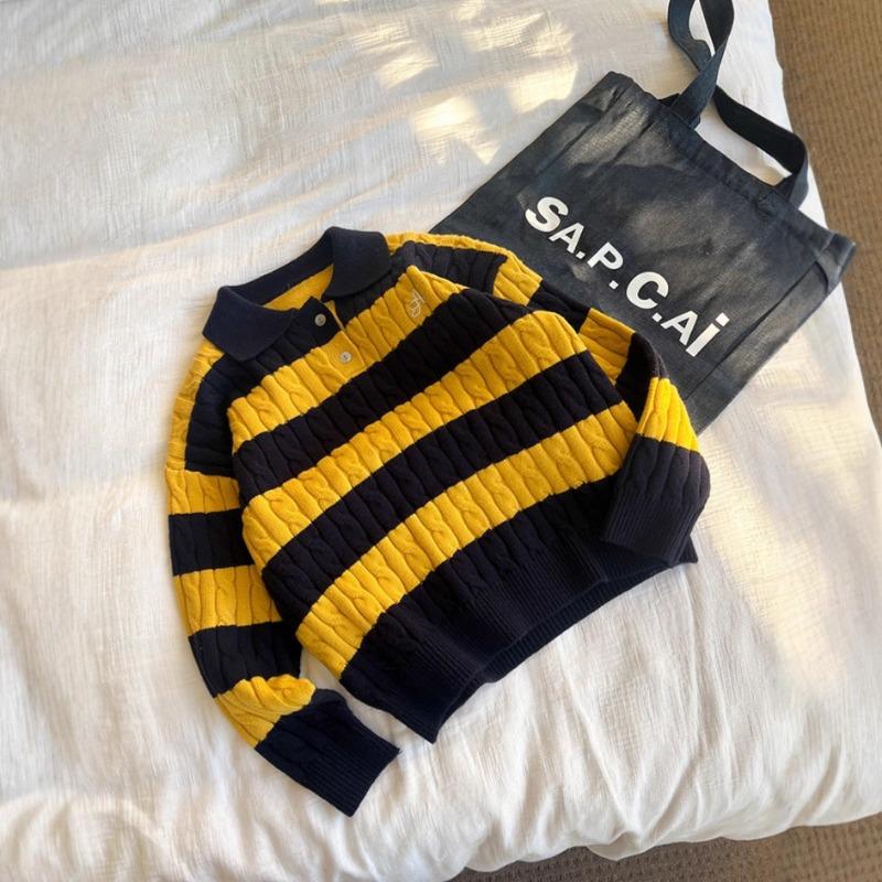 Unisex Kids Thick Striped Knit Sweater Turn Down Collar