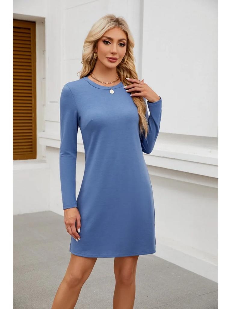 Damen Rundhalsausschnitt Saum Schlitz Sweatshirt Langarm Freizeitkleid