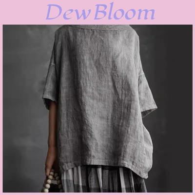 Vintage Art Style Cotton Linen T Shirt With Splicing Details For Casual Wear