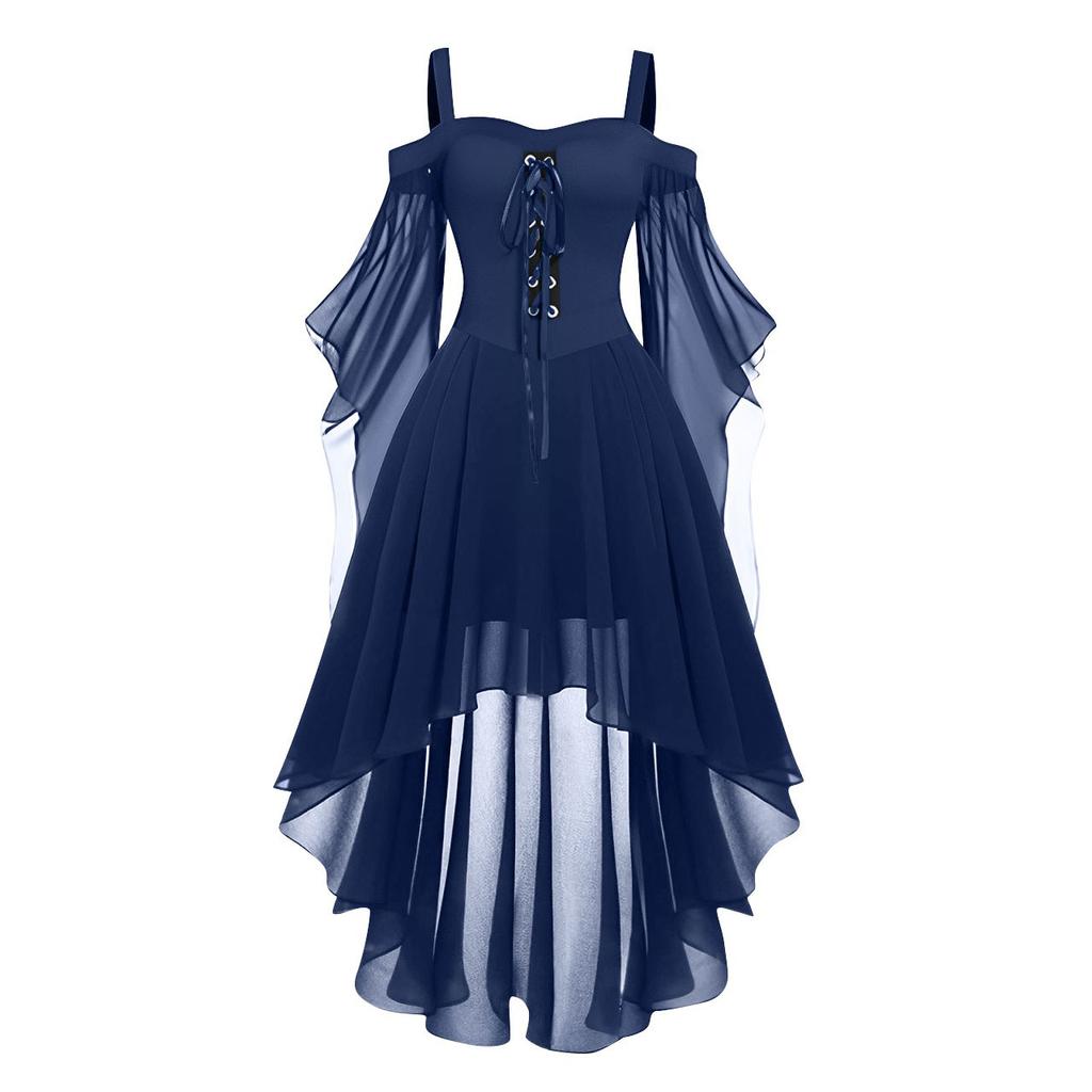 Women Casual Plus Size Cold Shoulder Dress Color Chiffon Butterfly Sleeve Gothic Dress