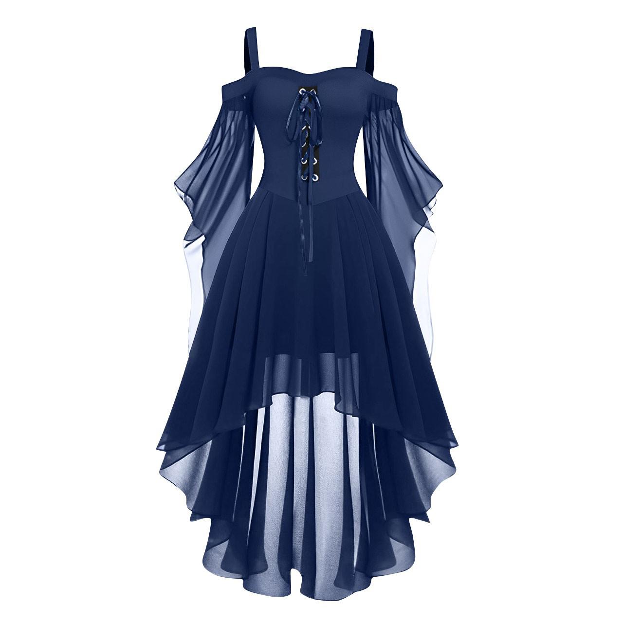 Women s Gothic Renaissance Medieval Dress Lace-Up Cold Shoulder Steampunk Cosplay Costume S тёмно-синий