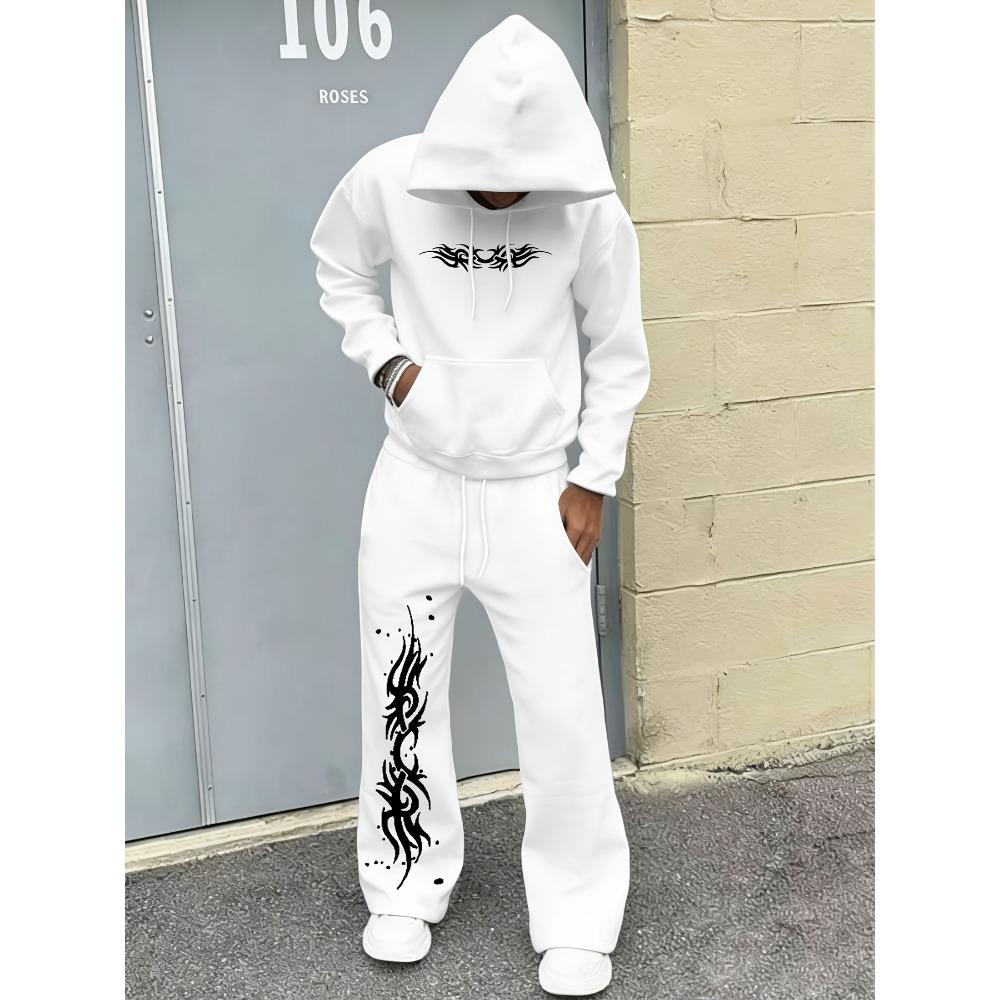 Fashion Men's Autumn Winter Sports Shirt 2 Piece Set with Classic Letter Pattern Print, Trendy Hoodie and Wide Leg Pants Set