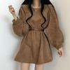 Corduroy Sashes Dresses Women Korean Preppy Puff Sleeves Casual A Line Mini Dress Harajuku Elegant All Match Solid Dress