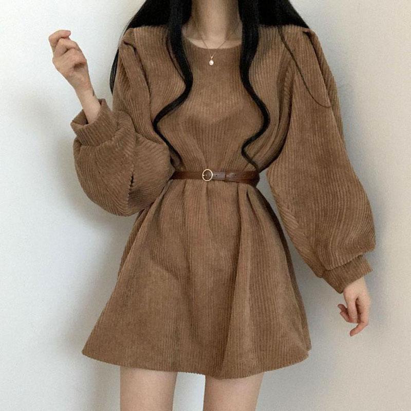 Corduroy Sashes Dresses Women Korean Preppy Puff Sleeves Casual A Line Mini Dress Harajuku Elegant All Match Solid Dress