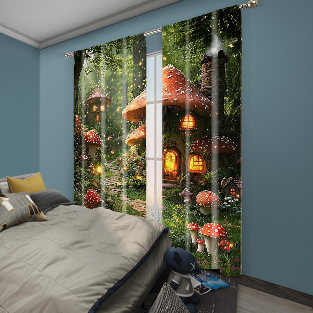 2pc, Drapes Forest Mushroom Wonderland Versatile Polyester Fabric,Without Electricity Party Decorations Use for Indoor
