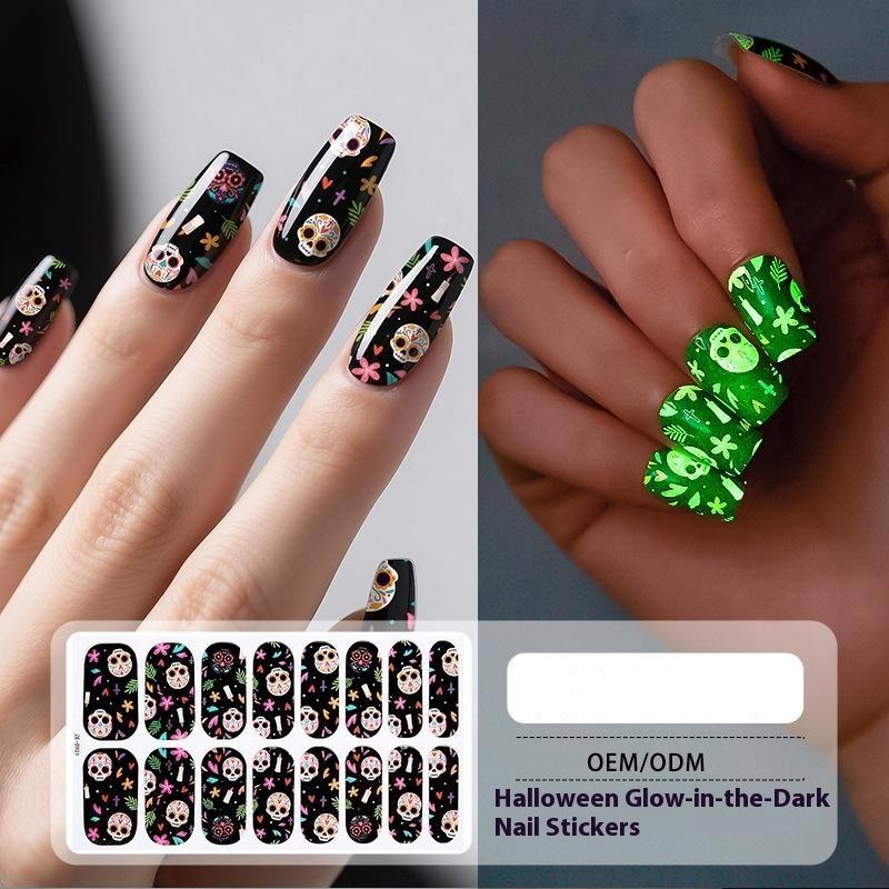 1 Arkusz Naklejki na Paznokcie na Halloween Wodoodporne Europejskie i Amerykańskie Kreskówkowe Dziecięce Słodkie Bez Pieczenia Nocne Światło Ozdoba Paznokci