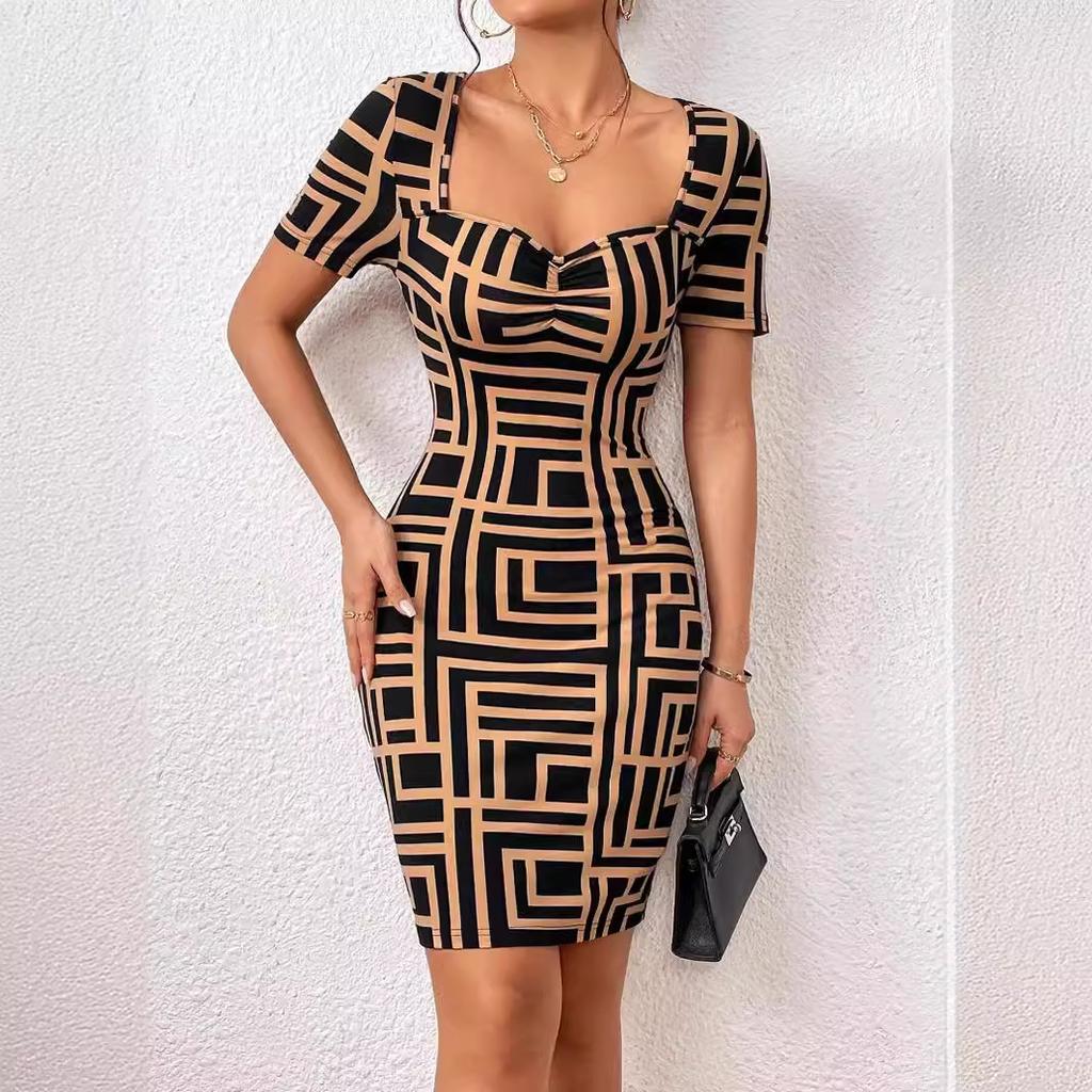 European and American New Printed Slim-fitting Short-sleeved Dress