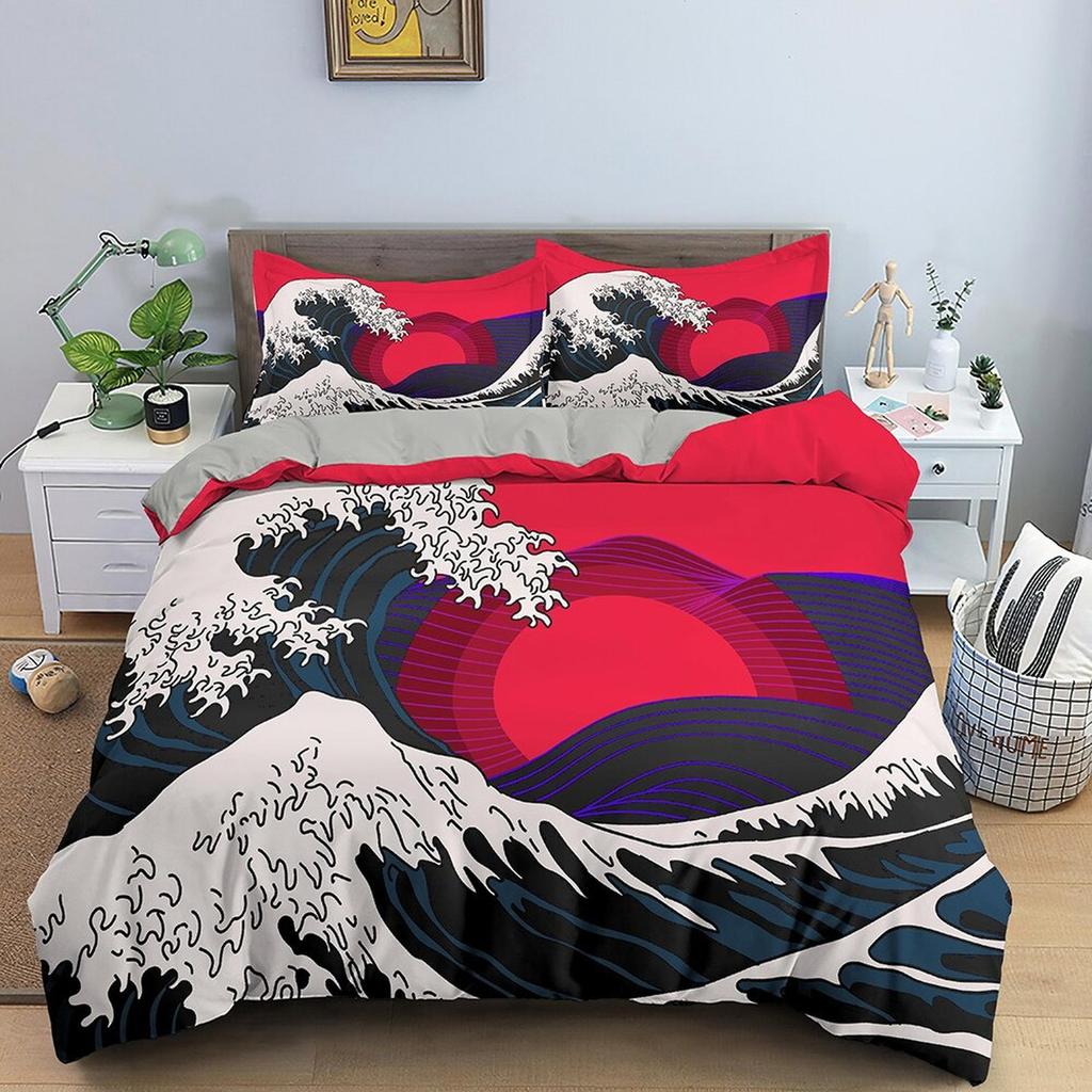 The Great Wave off Kanagawa Bedding, Vaporwave Hippie Bedding, Japanese Duvet Cover Set, Aesthetic Hot Pink Duvet Cover King Queen Full Twin