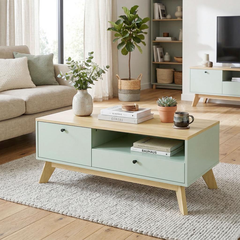Living Room Coffee Table, Rectangular Side Table with Drawer, Door and Open Compartment, Light Green and Oak