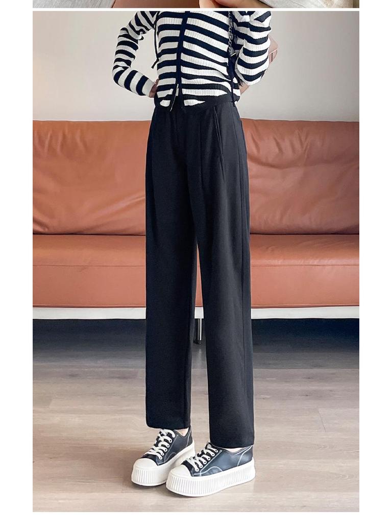 Damskie Jesienne Luźne Wyszczuplające Spodnie z Wełny Flanelowej - Acetat, Prosta Nogawka, Styl Draperowany