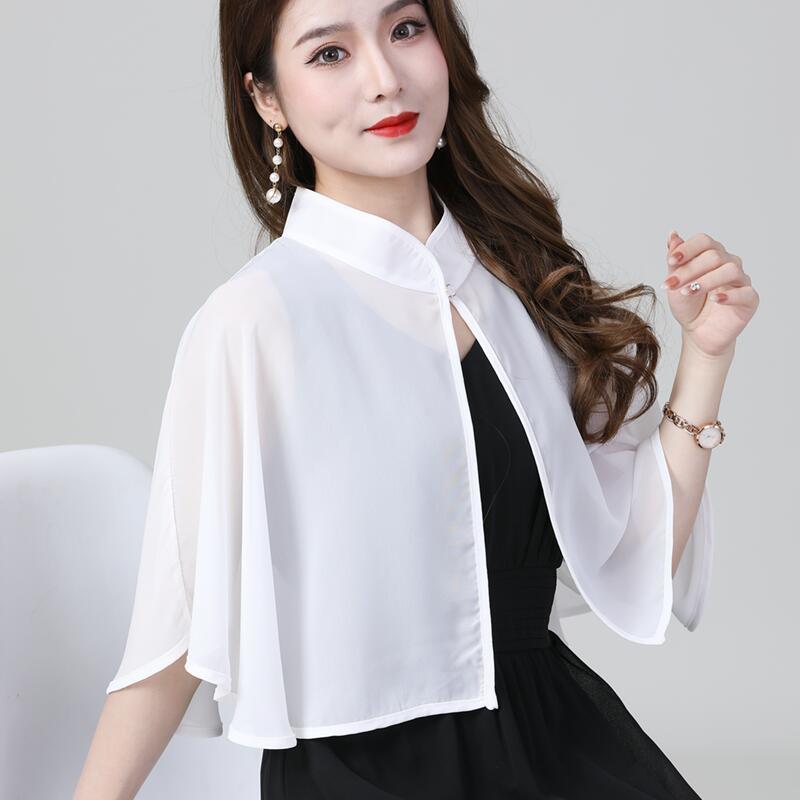 Women'S Summer Cloak Chiffon Scarf Waistcoat Loose Sunscreen Shawl Cheongsam Dress Button Blouse Shoulder Fake Collar Cape T90