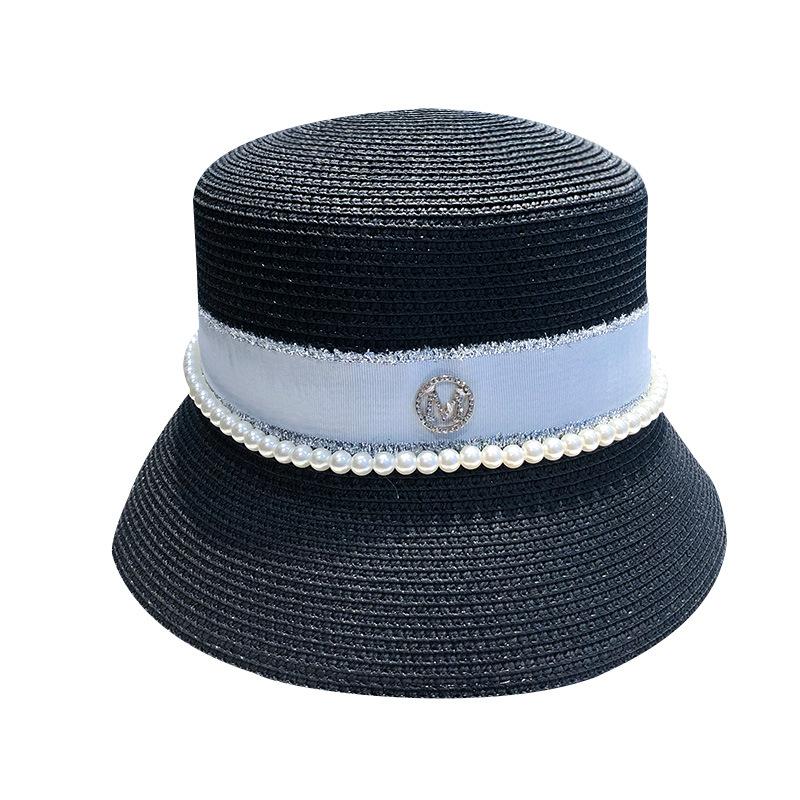 Pearl rhinestone M standard straw hat female summer seaside socialite hat face covering bucket hat sun protection beach hat