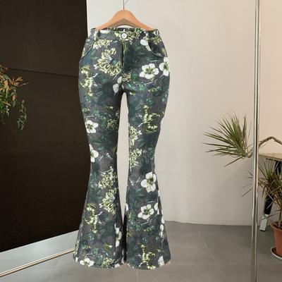 Women Denim Pants High-Waisted Floral Print Flared Jeans with Pockets Belt