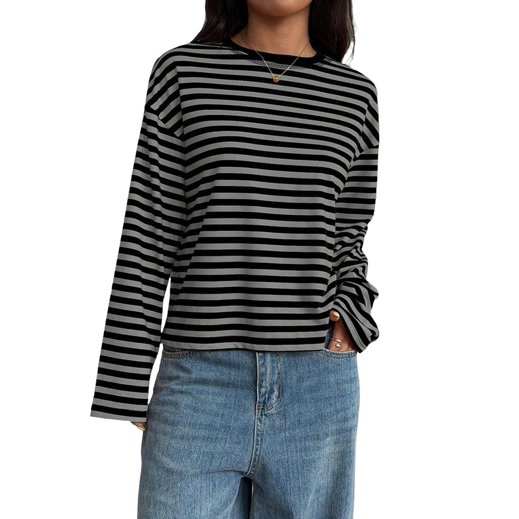 Women's Striped Long Sleeve T-Shirt Loose Fit Round Neck Color Block Casual Layering Top