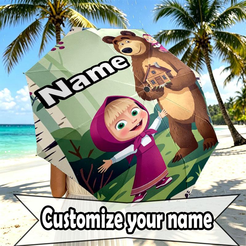 Custom Name Personalized Masha and the Bear Print Umbrella, Auto Open Close, 8‑Rib Sturdy Frame, Commute Camping Hiking Use, Birthday Gift