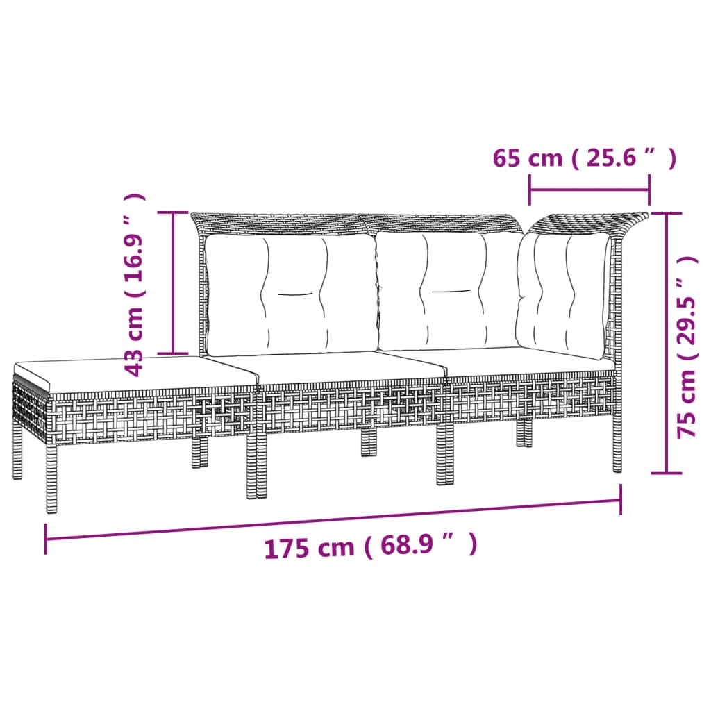 3 Piece Garden Lounge Set with Cushions Grey Poly Rattan