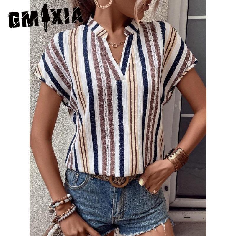 GMXIA Women's Fashion Casual Leisure Summer Stripe Print Short Sleeve V-Neck Blouses & Shirts