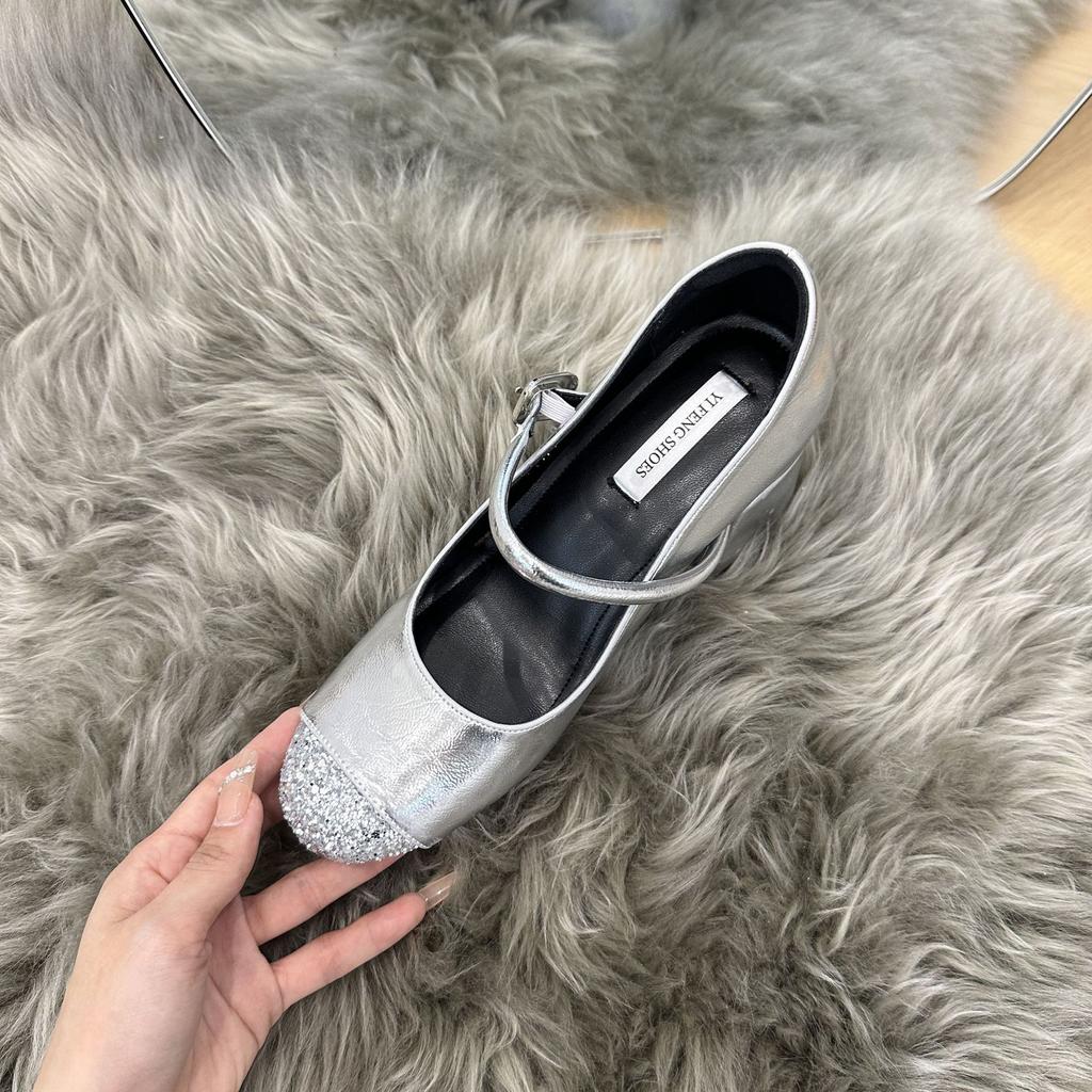 Pailletten silber dicker Absatz plus 9cm farblich passend Mary Jane mit modischem Temperament leichter Mund Damen High Heels