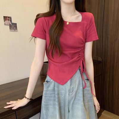 Düzensiz Büzgülü Kısa Kollu Tişört Kadın Yaz Büyük Beden Şişman Mm İnce Kapatıcı Et Şık Tatlı ve Acı Kısa Kare Yaka Üst