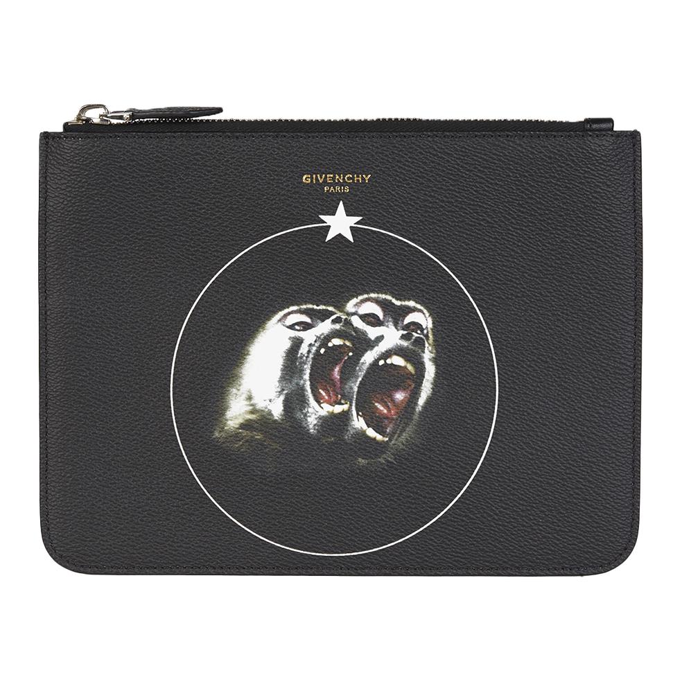 Givenchy Monkey Brothers Funny Cute Monkey Print Zipper PU Clutch Men clutch Black BK06072378-960 Basic Set (Bag+Dust Bag)