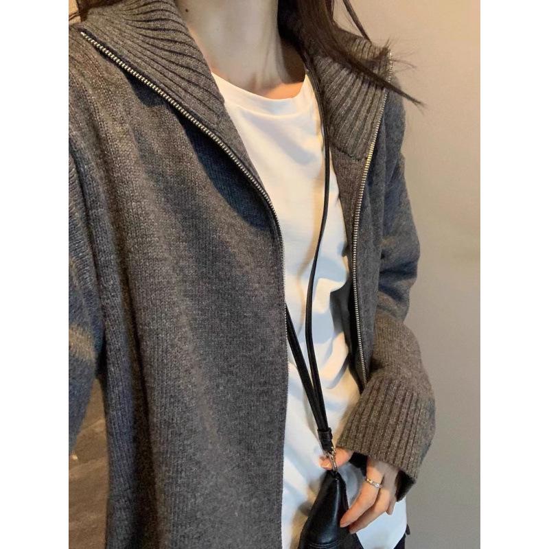Women's Designer Mid-Length Wool Cardigan with Double Zipper and Stand Collar - Perfect Loose Sweater for Autumn and Winter.