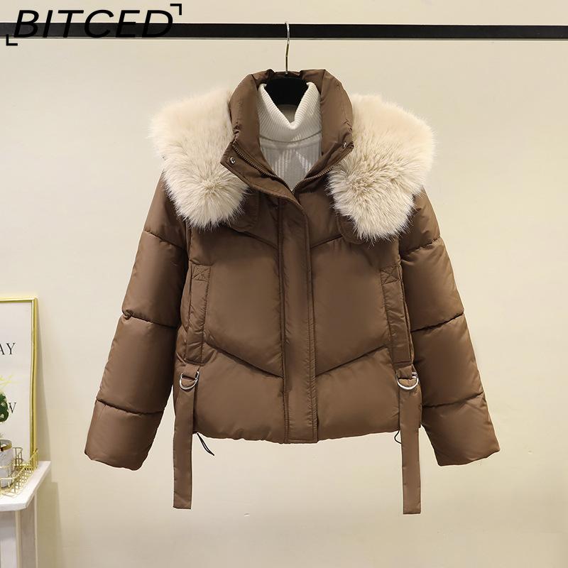 BITCED Winter Fashion Oversized Thick Cotton Coat with Stylish Large Fur Collar Down-Filled Cotton Jacket Slimming Women's Cotton Coat
