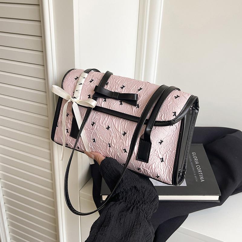 Schwarze rosa kontrastfarbene Schleife kleine Tasche Damen Sommer neu Schulter Achseltasche modische und süße Handtasche