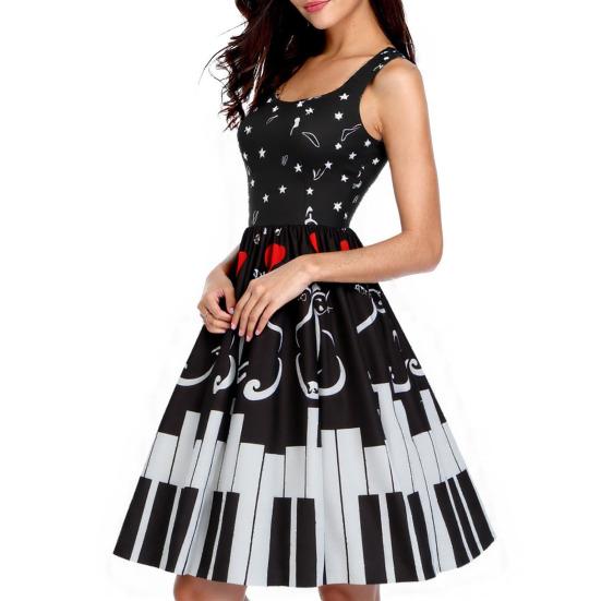 Dámské šaty bez rukávů v 50. letech vintage Vzor notového zápisu Midi šaty Retro koktejlové swingové šaty Áčkového střihu Večerní taneční róba na čajový dýchánek