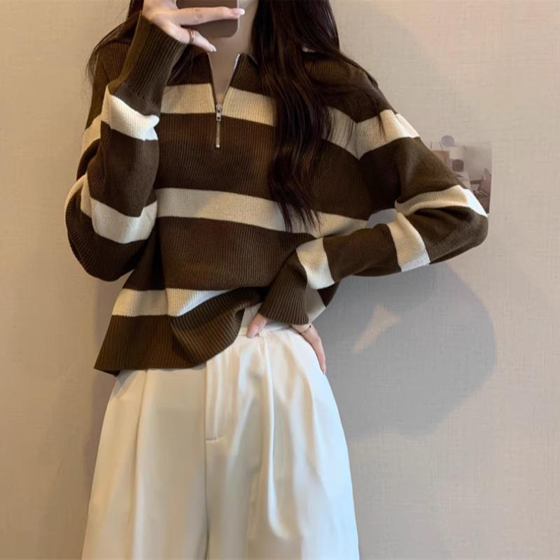 Zipper Knit Base Layer Inner Wear Striped Knit Shirt Women Autumn Winter Long Sleeve Top Winter