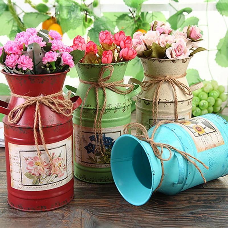 Garden Plants Flower Vase Iron Bucket Metal Vase Craft Holder Home Decor Arrangement Craft Rural Style Shabby Wedding