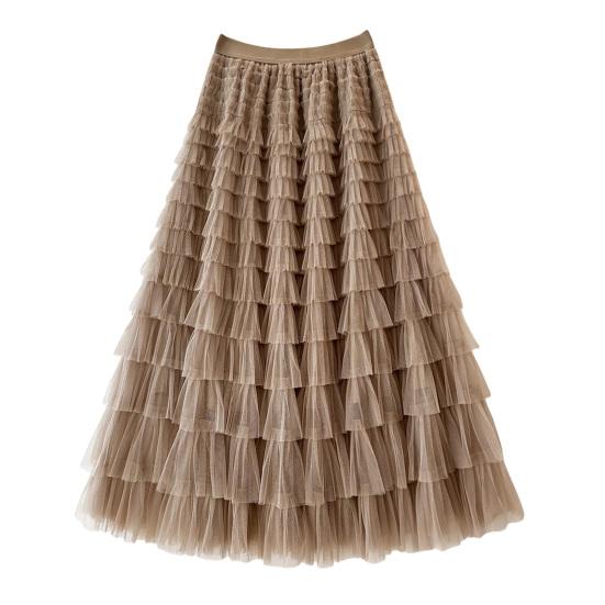 Cake Skirt Elastic High Waist A-Line Skirt Pure Color Multi Layer Ruffle Trim Mesh Hem Midi Skirt Work Leisure Wear