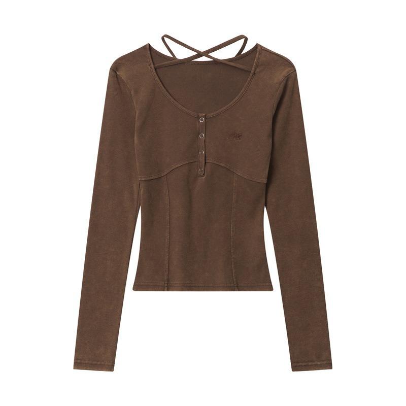 Spring Women's New Spice Girl Style Solid Color Embroidered Strap Long Sleeve Low-neckline T-shirt