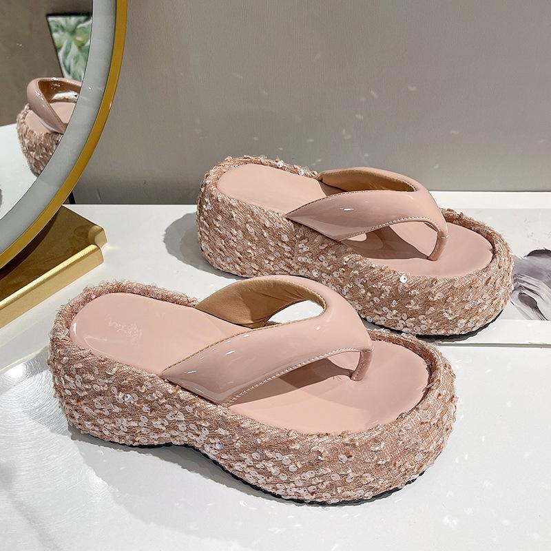 Muffin Slippers Wedge Heel Thick-soled Cool Slippers Small Height-increasing Shoes Thick Heel Hate Sky High Sequined Women's Summer Cool Slippers
