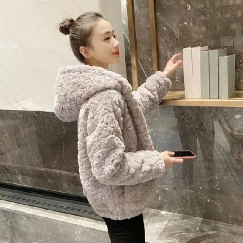 New thickened imitation Rex rabbit plush hooded short student milk whirring lamb wool cute casual imitation fur