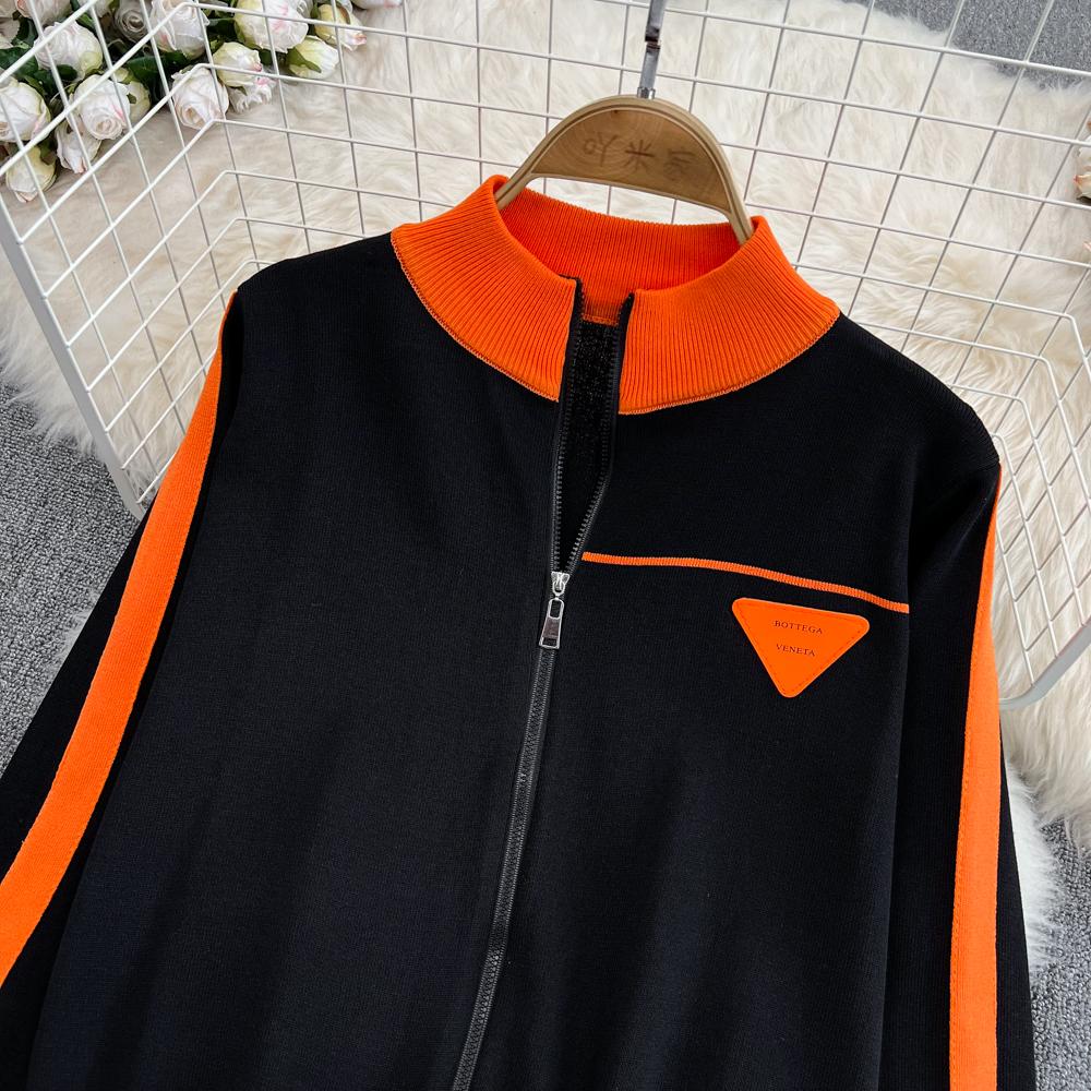 Herbst Winter Kontrast Farbe Gestrickte Pullover Trainingsanzug Volle Hülse Zipper Mantel Jacke und Knöchel-länge Hose Zwei Stück Set