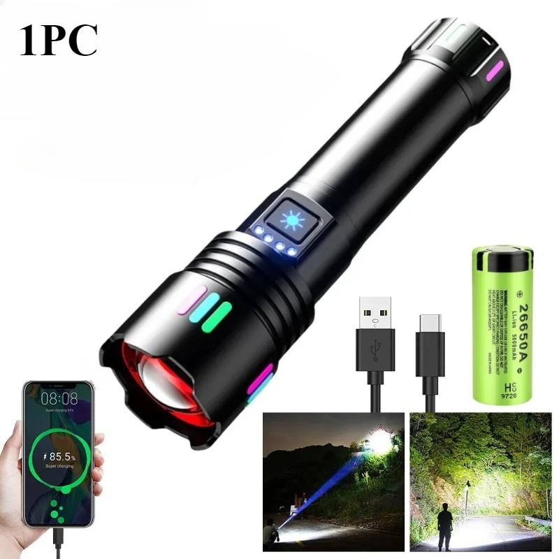High Power White Laser Flashlight with Luminous  Strips  TYPE-C Rechargeable Zoomable Camping Lamp With Battery Indicator
