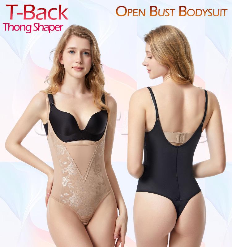 Body con spalline sottili in pizzo, schiena a T, con sostegno al seno e modellante in vita