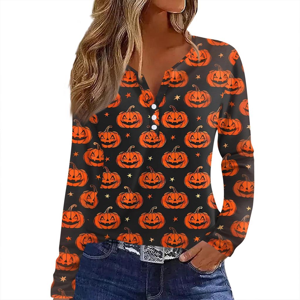 Dámské tričko s potiskem Halloweenu, knoflíky, dlouhý rukáv, denní, víkendová móda, základní, výstřih do V, běžný top
