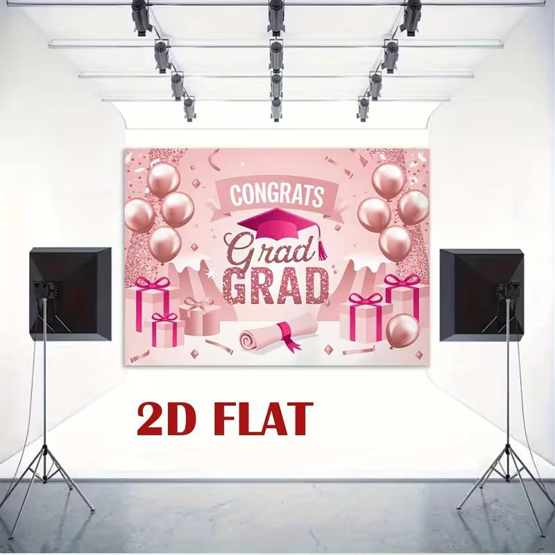 2D Pink Congrats Grad Graduation Party Backdrop 2D Glitter Pink Graduation Photo Booth Background