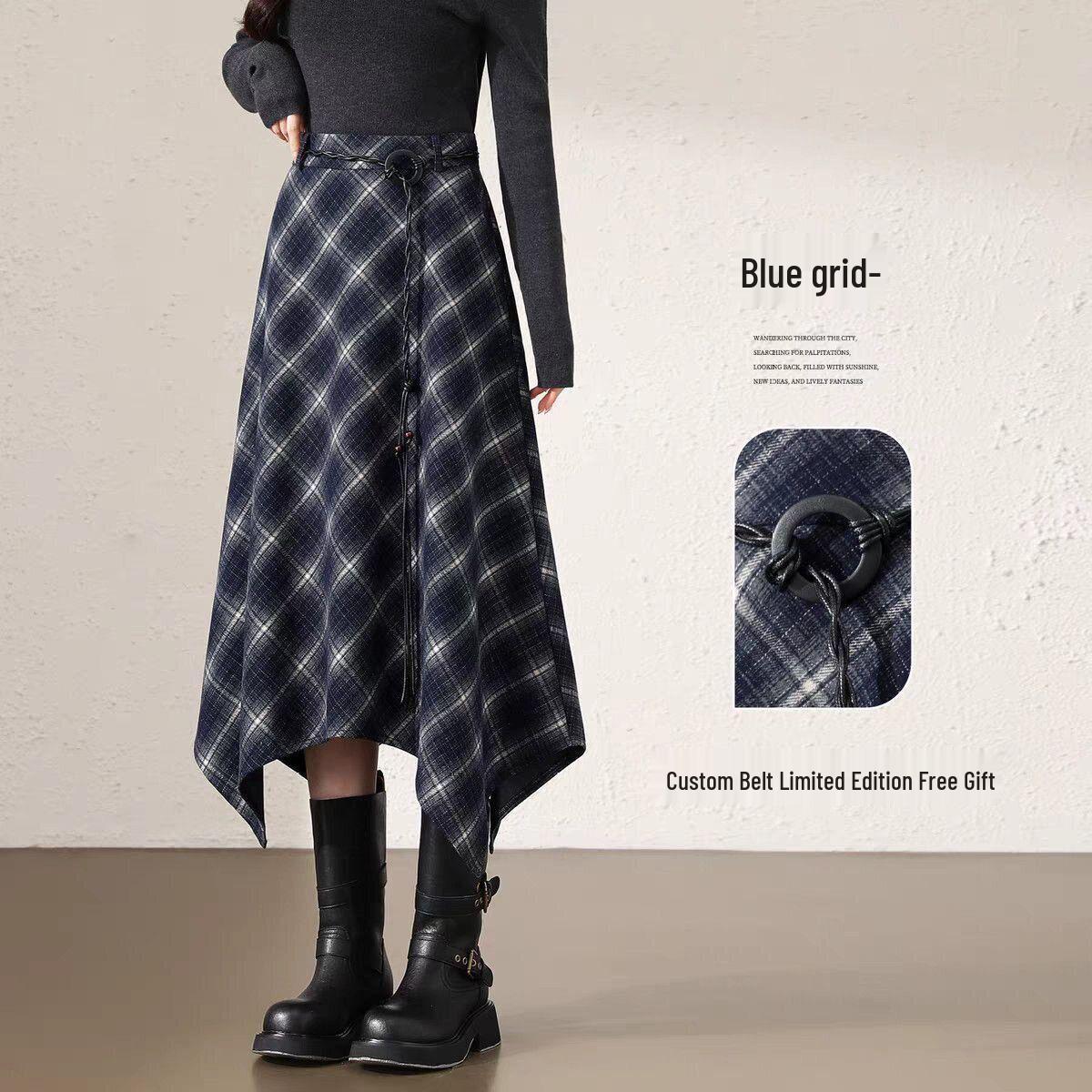 Woolen Retro Plaid A-line Maxi Skirt for Women - Spring/Autumn 2026 S (80-90 jin)