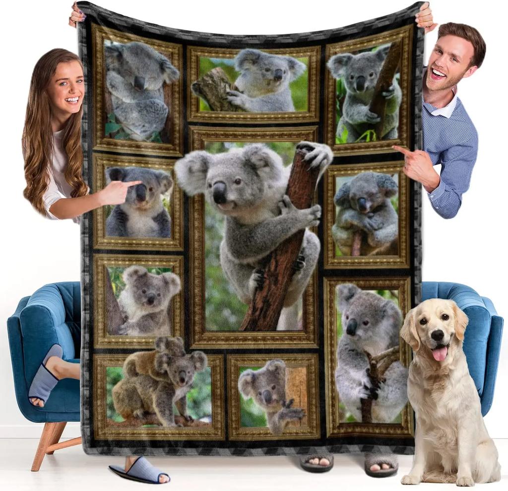 Cute Koala Throw Blanket Gifts for Koala Lovers Kawaii Wild Animals for Couch Sofa Bed Lightweight Warm Super Soft King Size