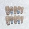10Pcs Handmade Cat Eye Gradient Long Coffin Stiletto Press On Nails With Glitter Diamond Pearl Flower Bowknot Decorations