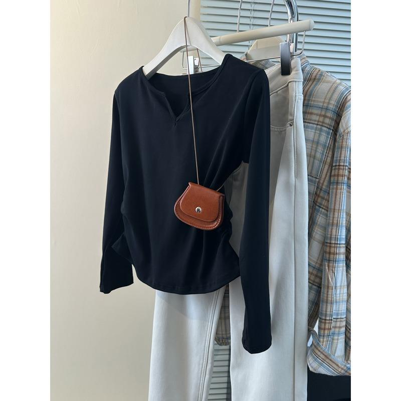 

Wind solid color real shot cotton Spice Girl collar long-sleeved T-shirt women s slim short top 2XL чёрный