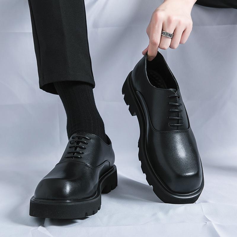 Men's Glossy Leather Height-Boosting Lace-Up Shoes for Spring/Autumn