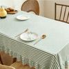 Retro Green and White Striped Ruffle Edge Thickened Fabric Home Waterproof and Dustproof Pleated Tablecloth