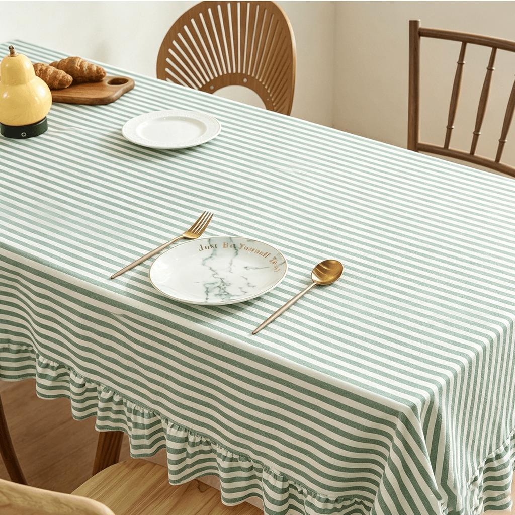 Retro Green and White Striped Ruffle Edge Thickened Fabric Home Waterproof and Dustproof Pleated Tablecloth