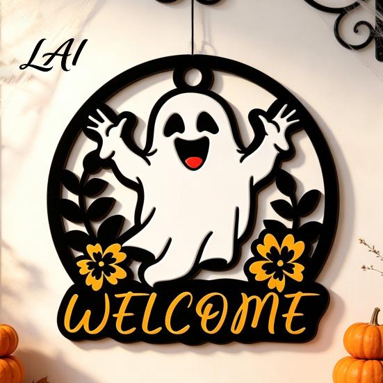 Autumn Seasonal Welcome Decor Halloween Ghost Pumpkin Round Wooden Door Hanger Wall Plaque Indoor Festive Party Supplies with Rope Hanging for Front