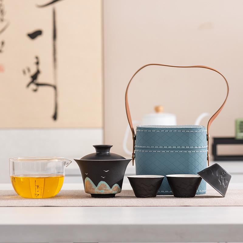 Hand-painted Glaze Painting Distant Mountain Travel Tea Set, One Pot, Three Cups, Outdoor Portable, High-end Business Commemorative Gift